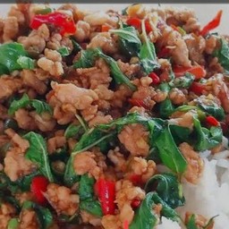 กระเพราหมูสับราดข้าว