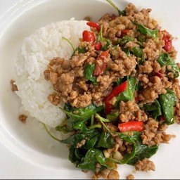 กระเพราหมูสับราดข้าว