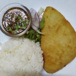 ข้าว+สเต็คปลาน้ำจิ้มแจ่ว