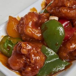 ผัดเปรี้ยวหวานกุ้งใส่พีช