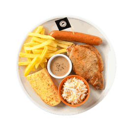 สเต๊กหมูสันนอกและไส้กรอกคูโรบูตะ ซอสพริกไทยดำ