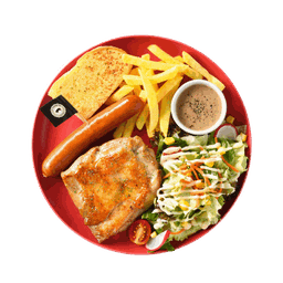 สเต๊กไก่และไส้กรอกคูโรบูตะ ซอสพริกไทยดำ