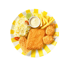 สเต๊กปลาทอดและกุ้งทอด