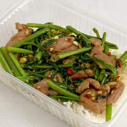 ข้าวราดผัดผักบุ้ง  (เลือกเนื้อสัตว์ด้านใน)