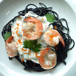 สปาเก็ตตี้เส้นดำครีมซอสไข่กุ้ง