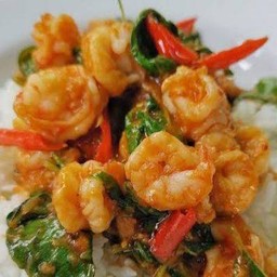 ข้าวราดกระเพรากุ้งห๊อมหอม