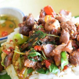 ข้าวราดกระเพราเครื่องในไก๊ไก่+ไข่ดาว