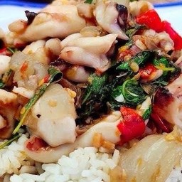 กระเพราปลาหมึกราดข้าว