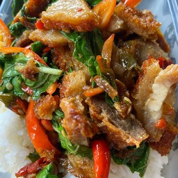 Stir Fried Basil With Crispy Pork Belly On Rice
