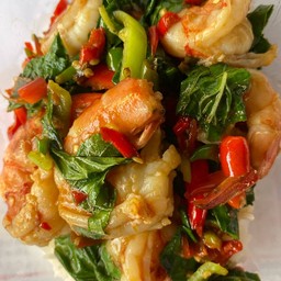 Stir Fried Basil With Shrimp On Rice