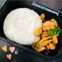 ข้าวกระเพราหอยแมงภู่+ไข่ดาว.หรือไข่ข้น