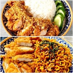 [เซตสุดฮิต] มาม่าเกาหลี + ไก่ทอด (Korean Noodles With Fried Chicken) + ข้าวไก่ทอดซอสน้ำปลา (Fried Chicken Fish Sauce With Rice)