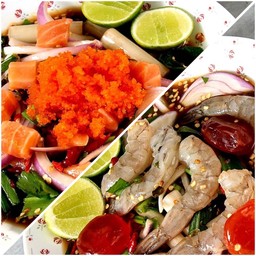[เซตสุดฮิต] ยำกุ้งสด x ไข่แดงเค็ม (Spicy Fresh Shrimp And Salted Egg Yolk Salad) + ยำแซลมอน x ไข่กุ้ง (Spicy Sliced Salmon Salad and Shrimp Roe)