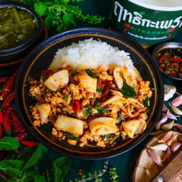 Rice Topped With Stir-Fried Minced Chicken, Squid And Basil