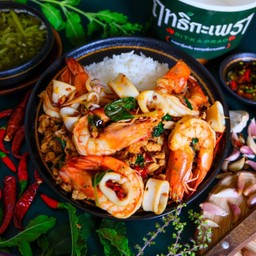 Rice Topped With Stir-Fried Pork, Squid, And Shrimp With Thai Basil