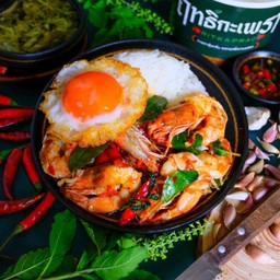 Rice Topped With Stir-Fried Shrimp And Basil + Fried Egg