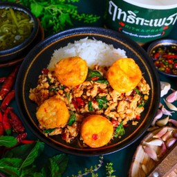 Rice Topped With Stir-Fried Minced Chicken, Tofu And Basil