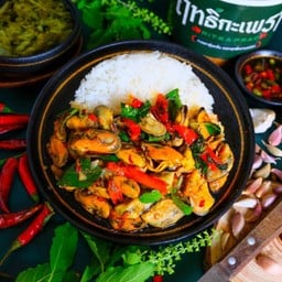 Stir Fried Basil With Mussels On Rice