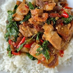 ผัดกระเพราหมูกรอบราดข้าว
