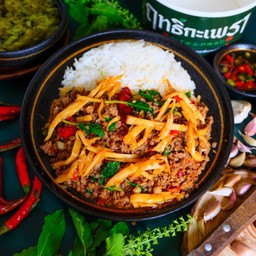Rice Topped With Stir-Fried Minced Beef, Pickled Bamboo Shoots And Basil