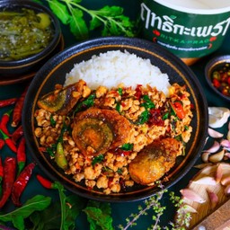 Rice Topped With Stir-Fried Minced Pork And Century Egg With Basil