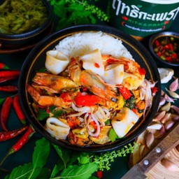 Rice Topped With Stir-Fried Shrimp, Squid, And Shellfish With Thai Basil