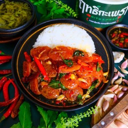 Stir Fried Basil With Chinese Sausage On Rice