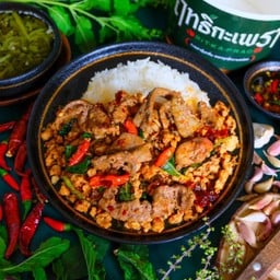 Rice Topped With Stir-Fried Pork And Pork Liver With Thai Basil