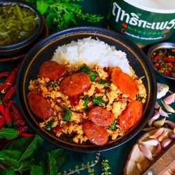 Rice Topped With Stir-Fried Minced Chicken, Chinese Sausage And Basil