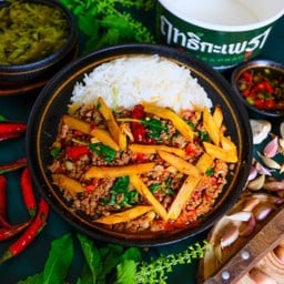 Rice Topped With Stir-Fried Minced Beef And Bamboo Shoots With Thai Basil
