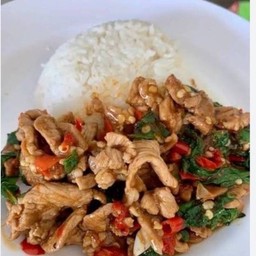 ข้าวราดกะเพราหมูชิ้นพ่นไฟ