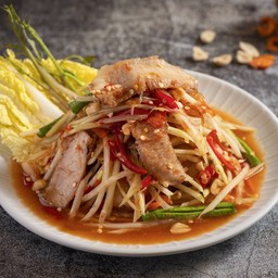 ตำไทยคอหมูย่าง Papaya Spicy Salad with Grilled Pork Shoulder and Peanuts