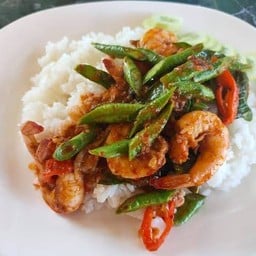 ผัดพริกแกงกุ้ง-ถั่วผักยาว ราดข้่าว
