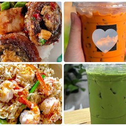 กะเพราหมูกรอบไข่เยี่ยวม้า +ข้าวผัดกุ้ง +ชาเขียว +ชาไทย