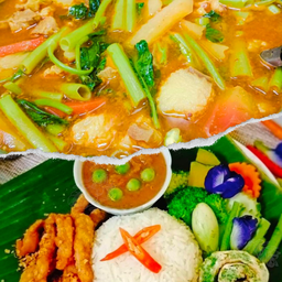 ชุดข้าวหมูทอด+ไข่ชะอม+แกงส้มหมูสามชั้น