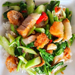 คะน้าหมูกรอบ ราดข้าว