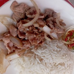 หมูชิ้นผัดน้ำมันหอยราดข้าว