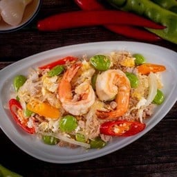 ผัดสะตอวุ้นเส้นกระเทียมดองกุ้งหมูสับ