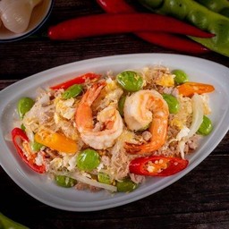 ผัดสะตอวุ้นเส้นกระเทียมดองกุ้งหมูสับ