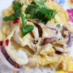 ข้าวราด ไข่เจียวทะเลกุ้งหมึก พริกสดซอย แถมซอสพริก