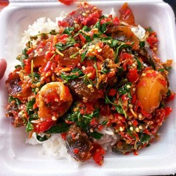 กะเพราไข่เยี่ยวม้าหมูสับ ราดข้าว