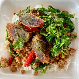 กะเพราไข่เยี่ยวม้า+กะเพรากรอบ