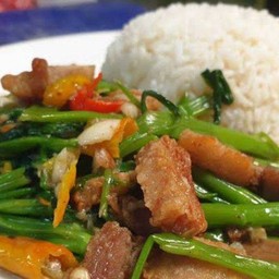 ผัดผักบุ้งหมูกรอบ + โค้กแก้วโอ่ง