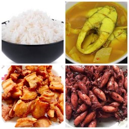 ข้าว+หมูสามชั้นคั่วเกลือ+ปลาทูทอด+แกงส้มปลากะพง