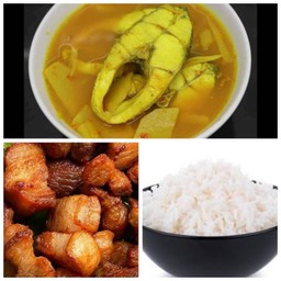 ข้าวกล่องแกงส้มปลากะพงหรือปลานิล.เกลือหมูคั่วเกลือหรือเปลี่ยนหมูหวาน