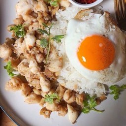 ไก่กระเทียมไข่ดาวราดข้าว