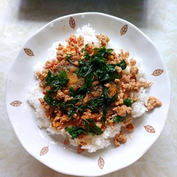ข้าว กะเพราไข่เยี่ยวม้า หมูสับ