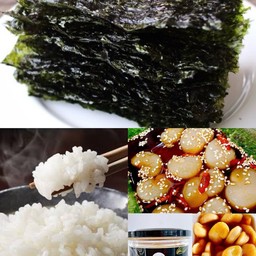 โฮตาเตะเมืองไทย(เอ็นหอยจอบกระป๋อง) +ข้าวญี่ปุ่น + สาหร่ายเกาหลี + น้ำจิ้มซีฟู๊ด