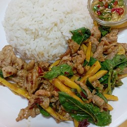 กะเพราหมูชิ้นเพิ่มหน่อไม้ราดข้าว