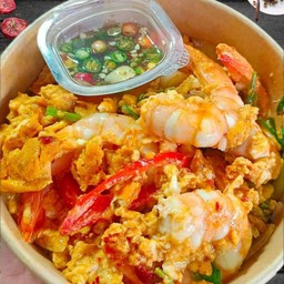 ข้าวหน้ากุ้งผัดผงกะหรี่+ซุป